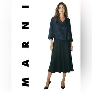 Marni Navy Blue Textured Jacquard Cropped 3/4 Wide Bell Sleeve Blazer Jacket L
